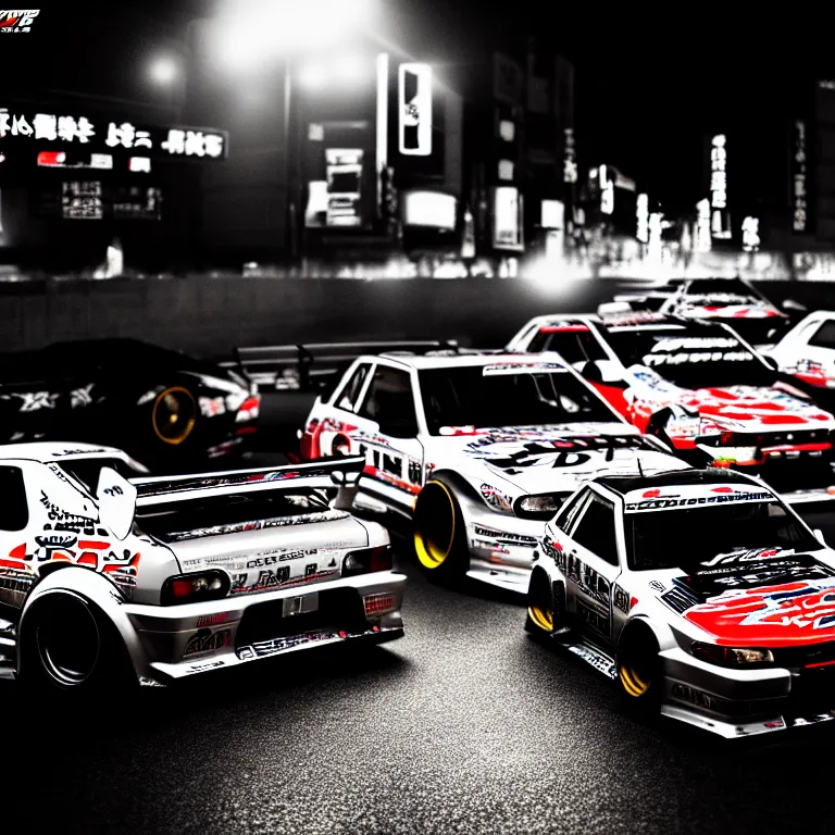 Image similar to a car JDM Drift illegal meeting, detailed-wheels, Shibuya prefecture, cinematic lighting, photorealistic, highly detailed, night photography