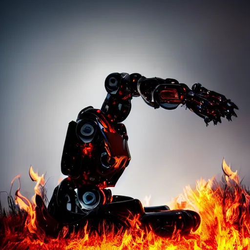 Prompt: a dramatic photo of a large futuristic robot bent on knees towards a burning field, photograph, smoke, dark, 8k, detailed