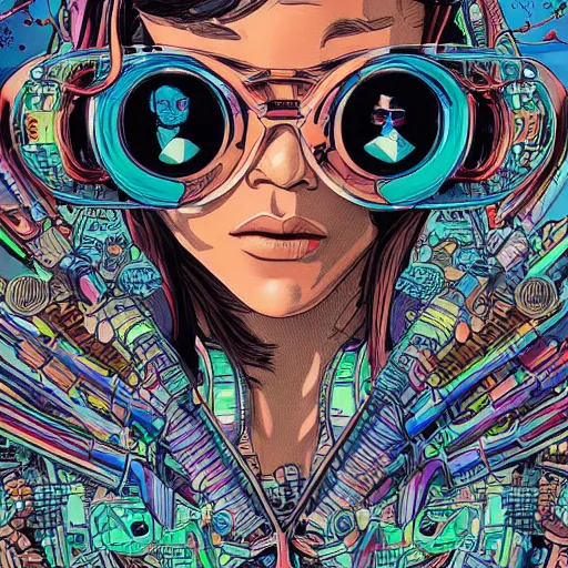 Prompt: hyper detailed comic illustration of a cyberpunk Zendaya wearing a futuristic sunglasses and a gorpcore jacket, markings on his face, by Josan Gonzalez and Geof Darrow, intricate details, vibrant, solid background, low angle fish eye lens