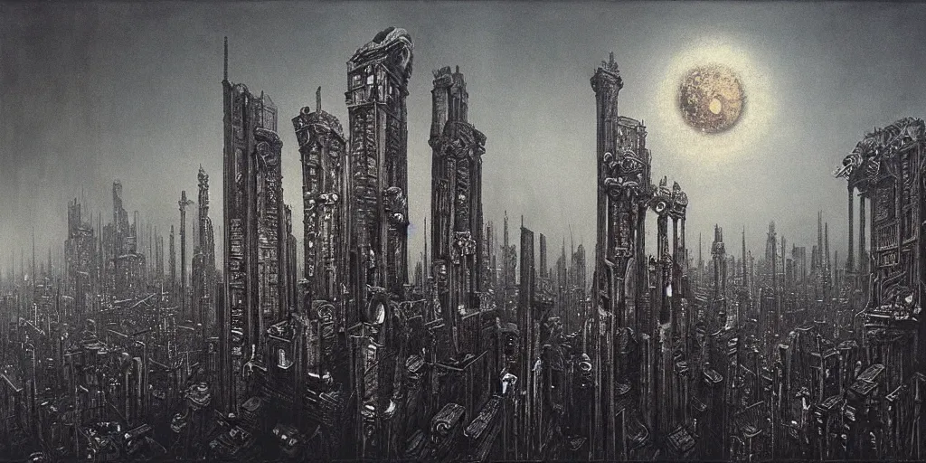 Image similar to a gigantic city at night where buildings are built out of skulls and bones, fleshy structures, light coming from windows, surreal atmospheric painting by hr giger and beksinski