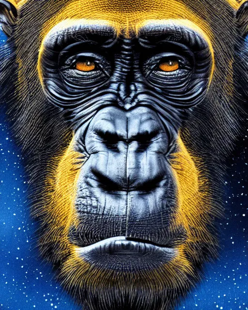 Image similar to blue, gold, very detailed high resolution illustration portrait of a chimpanzee, backlit, night covered in stars, 3 d, 8 k, extremely detailed, artstation, award winning, sharp focus, illustration