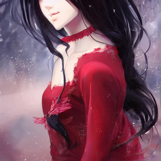 Prompt: Semi realistic anime illustration of black haired long hair woman, with beautiful hyperdetailed red eyes, wearing dress, front shot, full face portrait made by Stanley Artgerm, WLOP, Rossdraws, James Jean Andrei Riabovitchev, Marc Simonetti, Yoshitaka Amano, Artstation