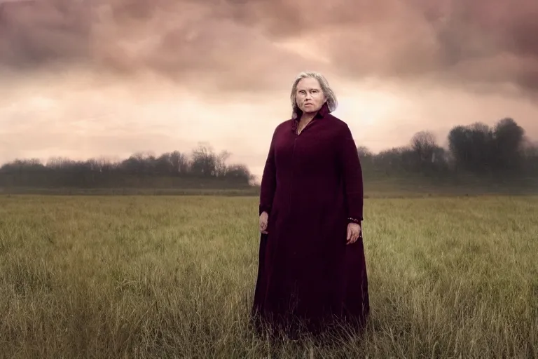 Image similar to a cinematic headshot portrait of a frozen middle aged woman stood in a field, field on fire, ultra realistic, depth, beautiful lighting, by annie leibovitz