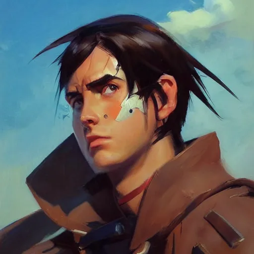 Image similar to greg manchess portrait painting of eren jager as overwatch character, medium shot, asymmetrical, profile picture, organic painting, sunny day, matte painting, bold shapes, hard edges, street art, trending on artstation, by huang guangjian and gil elvgren and sachin teng