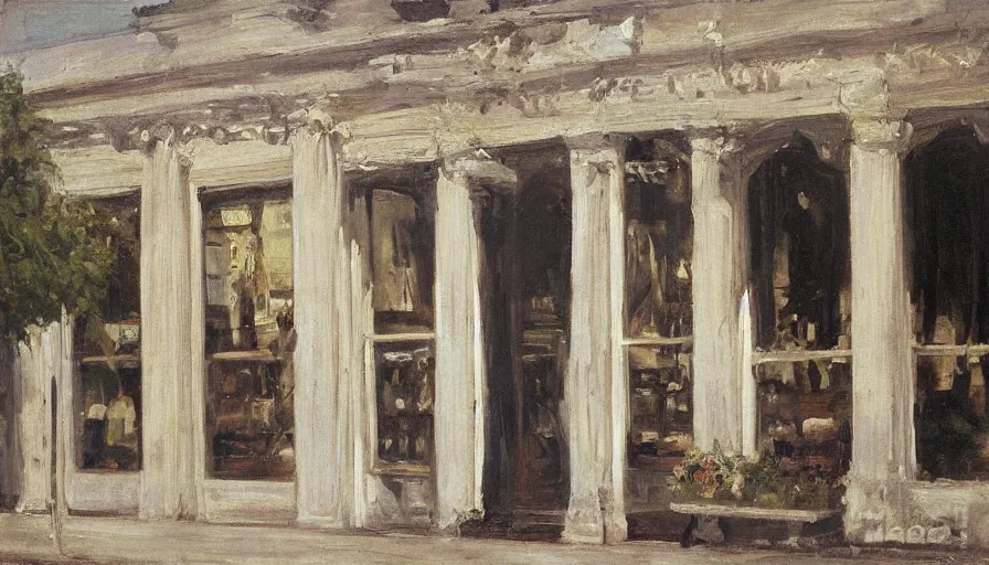 Image similar to artwork painting of the storefront front of a building by eugene von guerard, ivan shishkin, john singer sargent