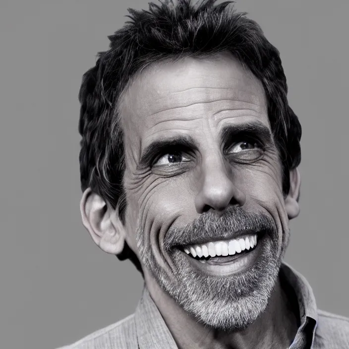 Prompt: portrait of ben stiller, smiling towards the camera. getting 1 years younger. detailed, 4 k, morning hour.