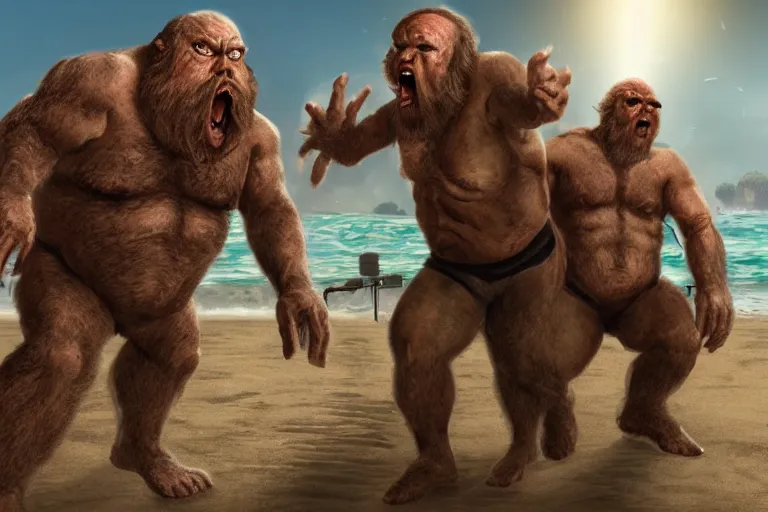 Image similar to photo, friends, man two old hairy fat ugly men! fighting alien monsters 3 5 5 4 7 on a beach, highly detailed, scary, intricate details, volumetric lighting, front view