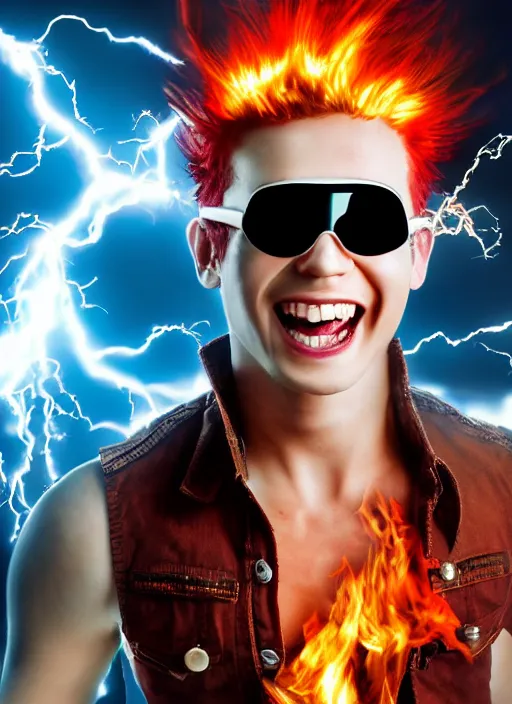Prompt: photorealistic young man with red spiked long hair, using an orange lens googles. Wearing white shirt, a black waistcoat. He is throwing a wild fire blast from his hands, with a vicious smile in face. dynamic lightning.