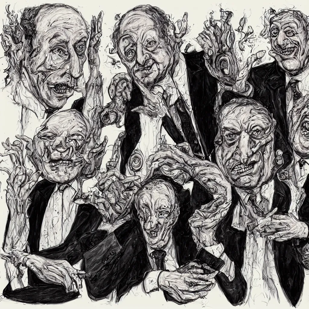 Image similar to Jacob Rothschild and george soros by Ralph Steadman, illustration, body horror, biopunk, 8k , trending on artstation