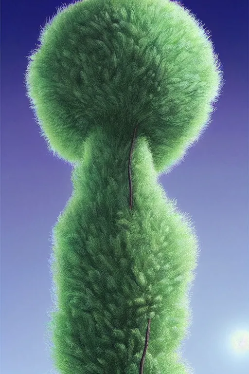 Prompt: an impossibly tall pompom tree with a slim trunk, viewed from below, ant perspective, digital illustration by chris van allsburg and artgerm, surreal, photorealistic