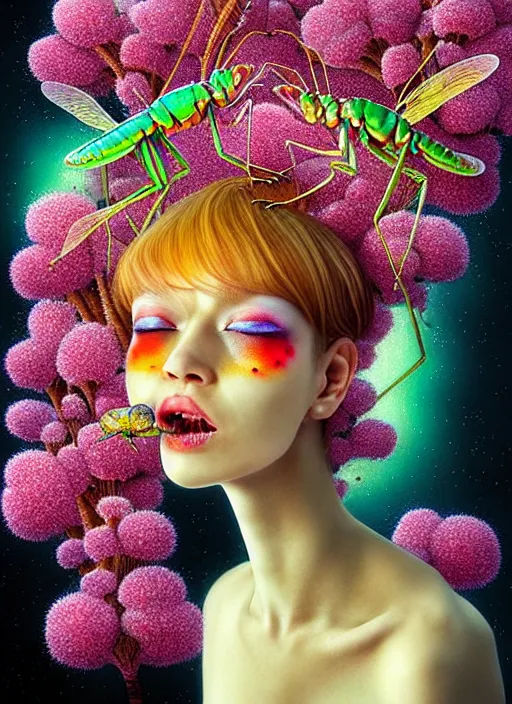 Image similar to hyper detailed 3d render like a Oil painting - kawaii half visceral portrait Aurora (gold haired Singer Praying Mantis Dragonfly) seen Eating of the Strangling network of yellowcake aerochrome and milky Fruit and Her compund eyes delicate Hands hold of gossamer polyp blossoms bring iridescent fungal flowers whose spores black the foolish stars by Jacek Yerka, Mariusz Lewandowski, Houdini algorithmic generative render, Abstract brush strokes, Masterpiece, Edward Hopper and James Gilleard, Zdzislaw Beksinski, Mark Ryden, Wolfgang Lettl, hints of Yayoi Kasuma, octane render, 8k