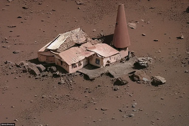 Prompt: an old rickety Soviet village house stands alone on Mars next to which a local resident stands and waves his hand, colourful