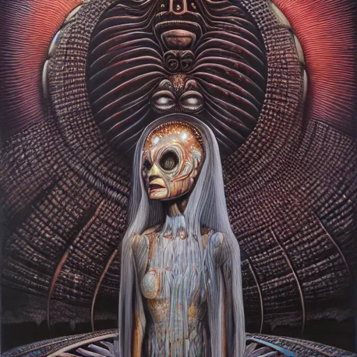 Prompt: THE QUEEN OF THE MOON by jacek yerka, alex gray, zdzisław beksiński, dariusz zawadzki, jeffrey smith and h.r. giger, oil on canvas, 8k highly professionally detailed, trending on artstation