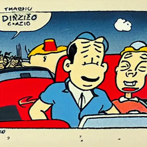 Prompt: Nicolas Sarkozy and tintin in a car, drawing by Herge, very detailed precise line high quality vivid color