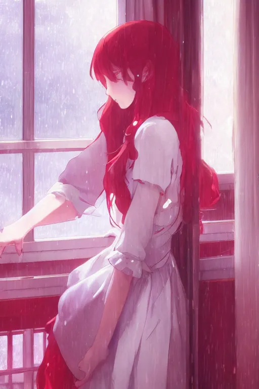 Image similar to a girl in a maid's outfit in the bedroom a night, raining outside the window, red theme, wavy white long hair, by krenz cushart and mucha and akihito yoshida and greg rutkowski and makoto shinkai, 4 k resolution