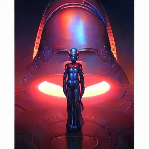 Prompt: a fantasy style portrait painting of an extremely cute alien with a futuristic background and dramatic lighting oil painting unreal 5 daz. rpg portrait, extremely detailed wayne barlowe michael whelan artgerm greg rutkowski greg hildebrandt tim hildebrandt michael whelan h r giger moebius