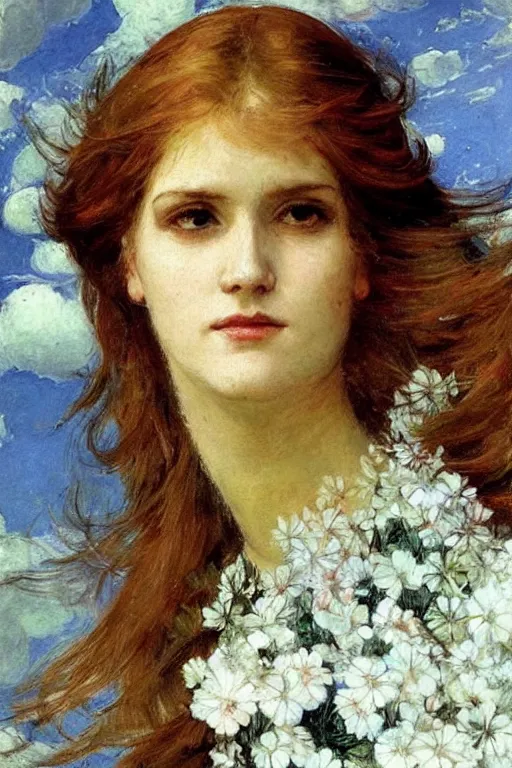 Image similar to close - up fashion woman portrait airy flowers clouds art by vasnetsov