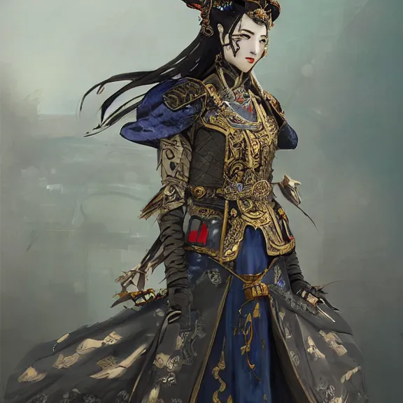 Image similar to ancient chinese princess with steampunk mask, dynasty warriors, elegant, unreal engine, 8 k, blue color scheme, headshot, highly detailed, smooth, ink painting, artstation, concept art, in style of yoji shinkawa, pan ren wei, col price, atey ghailan, by greg rutkowski, aesthetic