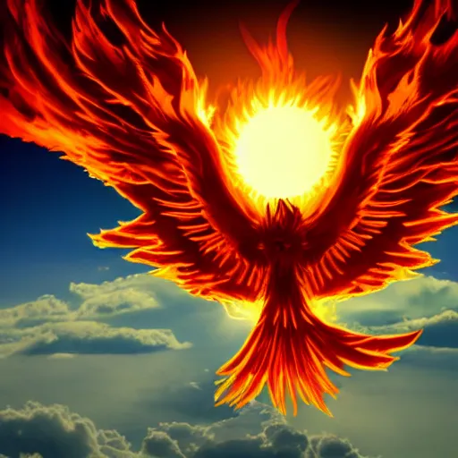 Prompt: a phoenix rising above the clouds with a fiery sun burning all around it brightly lit.