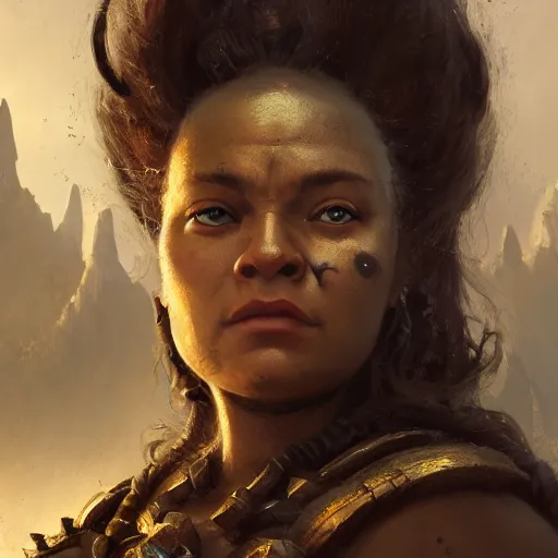 Prompt: masterpiece closeup portrait of a Dwarven woman with dark skin, and brown eyes, wearing armor, by Greg Rutkowski, 4k, matte painting, dungeons and dragons, detailed