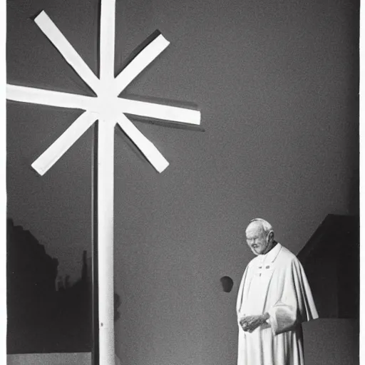 Prompt: photograph of john paul ii standing outside the entrance to a small burning church with a cross on its roof, night, black