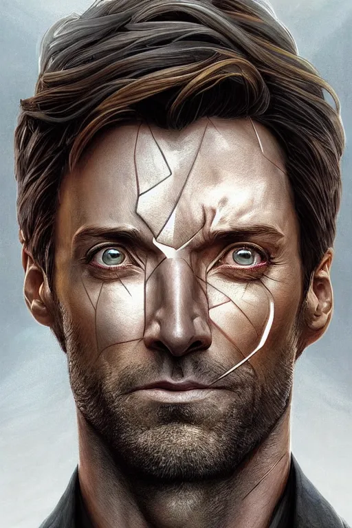 Image similar to symmetry!! portrait of hugh jackman in the boys in the style of god of war, machine parts embedded into face, intricate, elegant, highly detailed, digital painting, artstation, concept art, smooth, sharp focus, illustration, art by artgerm and greg rutkowski and alphonse mucha, 8 k