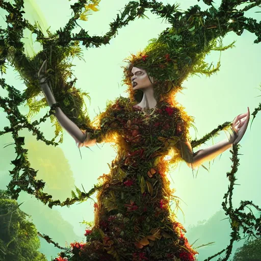 Image similar to a giant woman made of vines and leaves and a crown made of flowers towering over a tropical island, Dramatic Lighting, Trending on Artstation HQ, 4K, UHD.