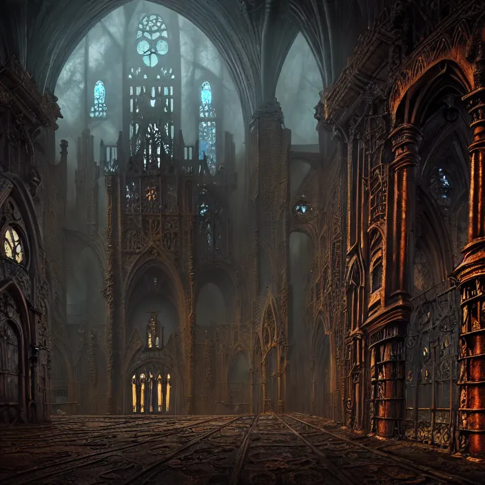 Image similar to steam necropolis, memento mori, gothic, neo - gothic, art nouveau, hyperdetailed copper patina medieval icon, stefan morrell, philippe druillet, ralph mcquarrie, concept art, steampunk, unreal engine, detailed intricate environment, octane render, moody atmospherics, volumetric lighting, ultrasharp, ominous, otherworldly