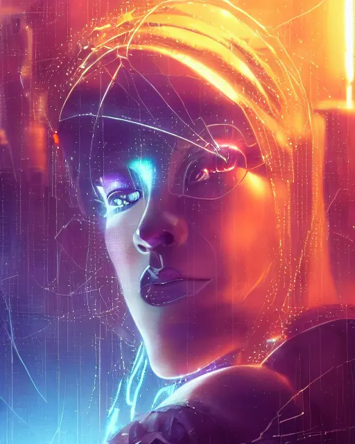 Prompt: a cyberpunk close up portrait of cyborg zeus, electricity, sparks, bokeh, soft focus, sparkling, glisten, water drops, cold, dark, geometric, temples behind her, by paul lehr, jesper ejsing