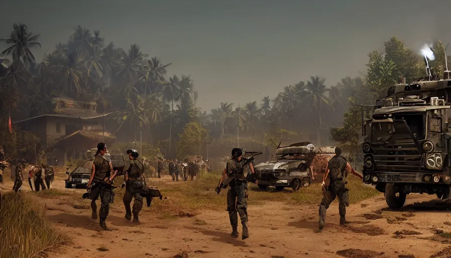 Image similar to a militarized police vehicle riding through a kerala village, troops searching the area, furious action scene, an epic fantasy, dramatic lighting, cinematic, establishing shot, extremely high detail, photorealistic, cinematic lighting, tending on artstation, matte painting, octane render, by simon stalenhag, shadow of the tomb raider, aesthetic