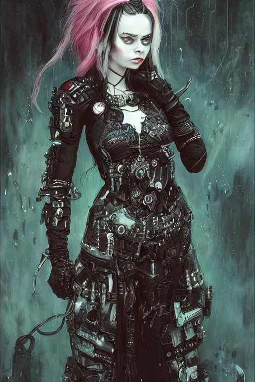 Image similar to beautiful gothic billie eilish, cyberpunk, Warhammer, highly detailed, artstation, illustration, art by Gustav Klimt