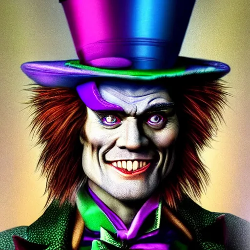 Image similar to Jim Carrey as mad hatter. epic game portrait. Highly detailed. D&D art by Michelangelo