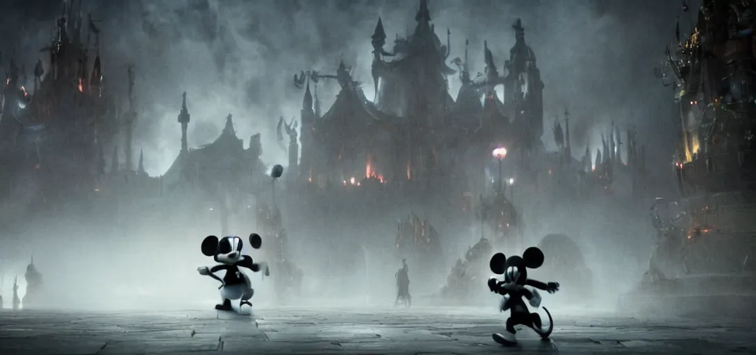 Prompt: evil epic mickey mouse walking out from epic temple, foggy, cinematic shot, photo still from movie by denis villeneuve, wayne barlowe