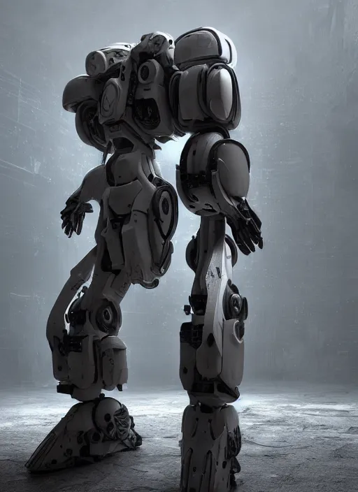 Image similar to a Photorealistic dramatic hyperrealistic render of a futuristic exosuit warrior Mech,Ultra realistic details,glossy white metal,weathered surfaces,by Vitaly Bulgarov and Mike Nash,Beautiful dramatic dark moody tones and lighting,cinematic atmosphere,studio lighting,shadows,dark background, Octane render,8K