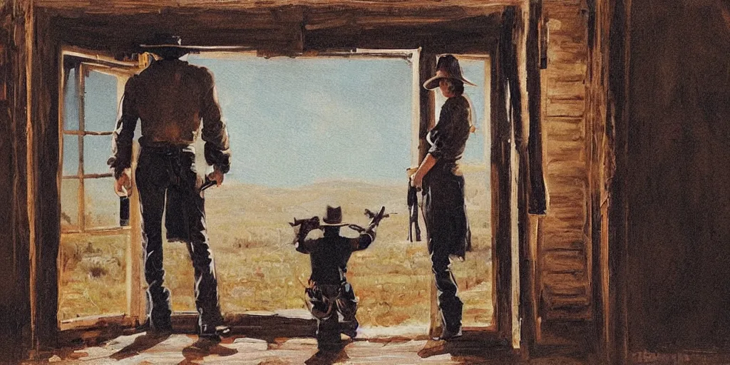 Prompt: in an old west cabin, close up portrait of beautiful Mila Jovovich (alone) in the doorway and Dave Bautista cowboy standing ((alone)) at the window, symmetrical, in the style of Fredrick Remington, oil painting