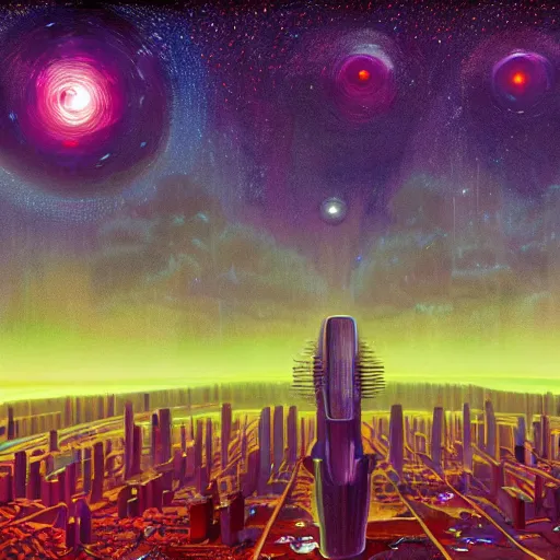 Prompt: starry night sky futuristic city of light synthwave bright neon colors highly details cinematic, vladimir kush, philippe dru, roger deal, michael whelan,