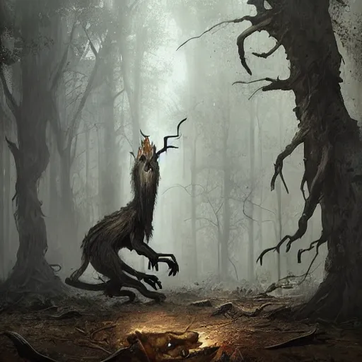 Image similar to a living ent with legs and a tail, in the shape of a rat, in a corrupted forest, by greg rutkowski, trending on art station, highly detailed, magic the gathering, matte painting