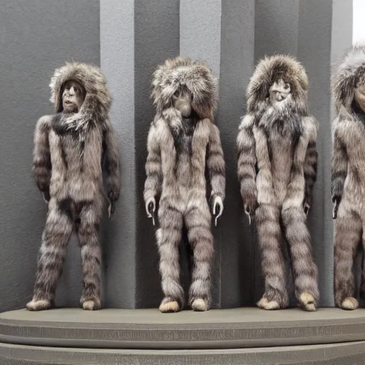 Image similar to group of five looming figures with fur skins, they create a dark court yard of a small house