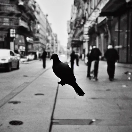 Image similar to surveillance camera footage, black and white, xavi hernandez on the street holding a pigeon