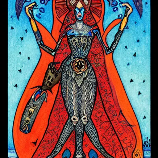 Image similar to a tarot card of the devil, painted by ronny khalil, intricate art, ultra detailed.