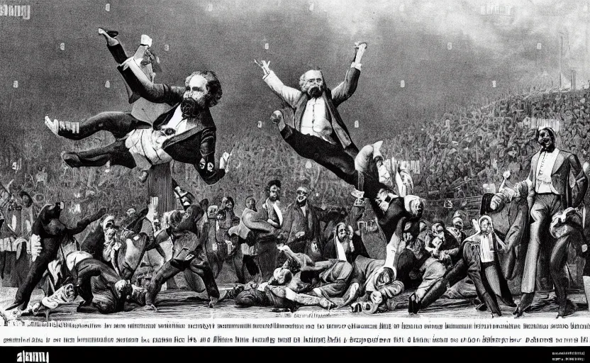 Image similar to Karl Marx as WWE wrestler suplexing Friedrich Nietsche on a WWE ring and the crowd goes crazy, sports photo, highly detailed