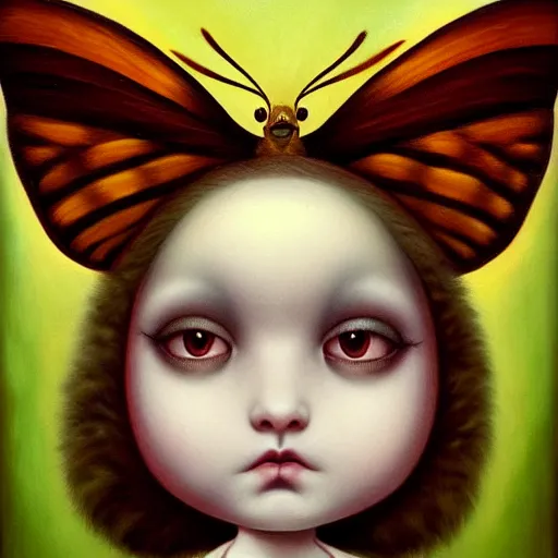 Prompt: beautiful portrait of a fluffy moth in the style of Mark Ryden, detailed, trending on Artstation