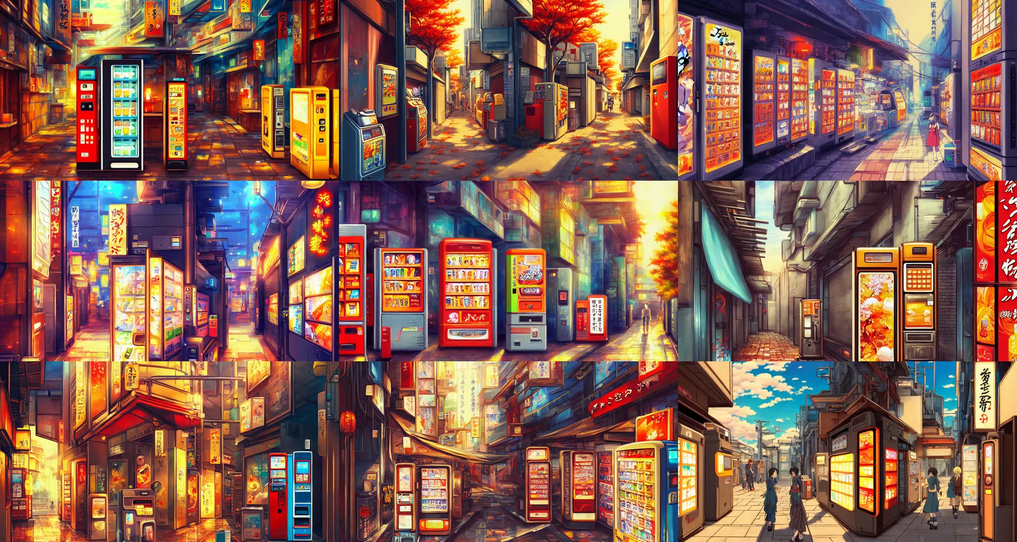 Prompt: beautiful anime painting of tokyo alleyway with vending machine, relaxing autumn day. trending on artstation, 8 k, masterpiece, sharp, fine detail, soft colors, peaceful