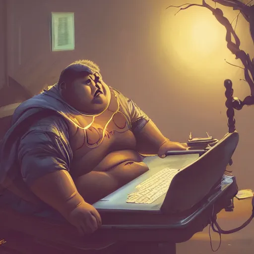 Image similar to an insanely detailed painting of a chubby asian man wearing a homemade superhero costumed, sitting at a computer desk typing on the keyboard, in the style of peter mohrbacher, dramatic lighting and composition, trending on artstation, concept art, comic book, graphic novel