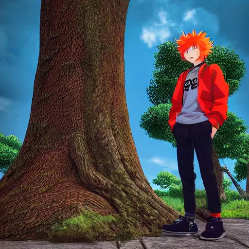 Image similar to orange - haired anime boy, 1 7 - year - old anime boy with wild spiky hair, wearing red jacket, standing under treehouse in city plaza, urban plaza, large tree, ultra - realistic, sharp details, subsurface scattering, godrays, intricate details, hd anime, 2 0 1 9 anime