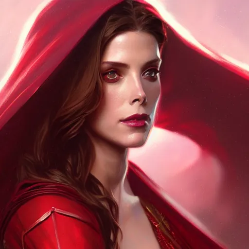 Image similar to Ashley Greene as Scarlet Witch, western, D&D, fantasy, intricate, elegant, highly detailed, digital painting, artstation, concept art, matte, sharp focus, illustration, art by Artgerm and Greg Rutkowski and Alphonse Mucha