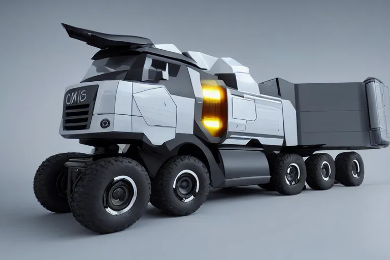 Image similar to still photo of a futuristic remote control truck, highly detailed, photorealistic portrait, bright studio setting, studio lighting, crisp quality and light reflections, unreal engine 5 quality render