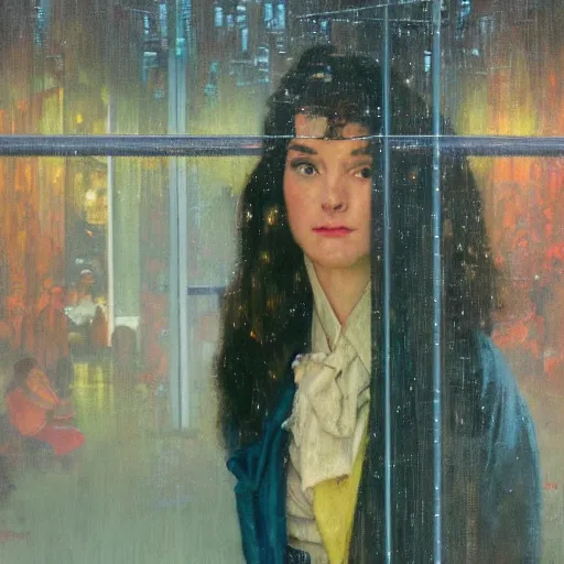 Image similar to detailed portrait of a woman, moment, cyberpunk cloisters, electronic billboards, tech noir, wet reflections, atmospheric, ambient, wlop, norman rockwell, alexis flower, hopper, livia prima, greg rutkowski, george tooker, gil elvgren, norman rockwell, alexis flower, hopper, mucha, whistler, norman rockwell, peter max,