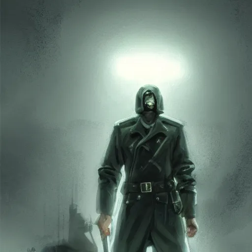 Image similar to pollutionpunk soviet policeman, fog, darkness, evil, magic the gathering artwork, D&D, fantasy, cinematic lighting, centered, symmetrical, highly detailed, digital painting, artstation, concept art, smooth, sharp focus, illustration, volumetric lighting, epic Composition, 8k, art by Akihiko Yoshida and Greg Rutkowski and Craig Mullins, oil painting, cgsociety