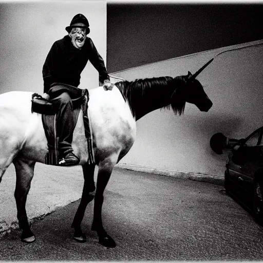 Image similar to jack nicholson riding a unicorn, gritty black and white photography, wide angle, 28mm